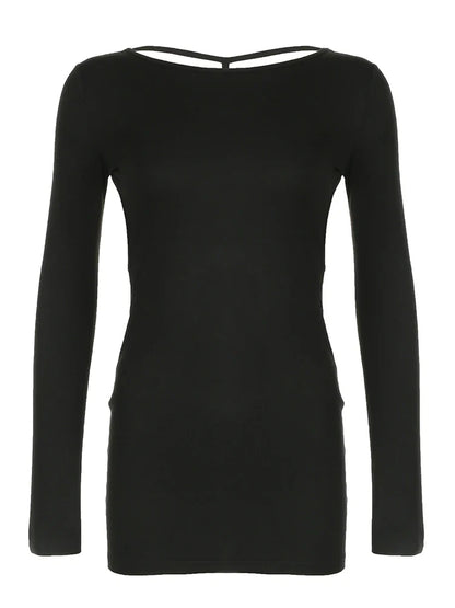 Backless Chic Fashion Skinny Sexy Long Sleeve Short Dress Women Rave Baddie Clubwear Black Solid Party Dresses