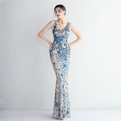 Sexy V-neck Sleeveless Dress with Stones and Crystals Fashion Sequins Tassel Elegant Women Party Dresses High Waisted Long Dress