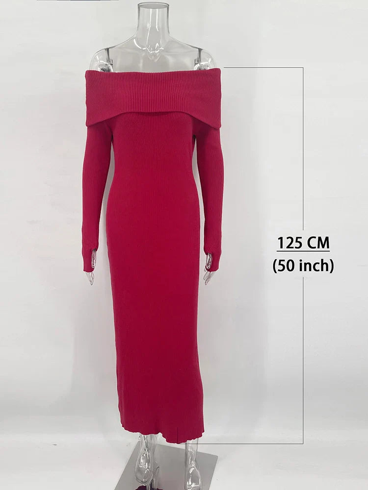 Fashion Knit Long Dress Off-Shoulder Female Ribbed Loose High Waist Elegant Autumn Party Dress Ladies Knitwear Maxi Dress