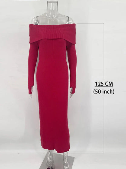 Fashion Knit Long Dress Off-Shoulder Female Ribbed Loose High Waist Elegant Autumn Party Dress Ladies Knitwear Maxi Dress