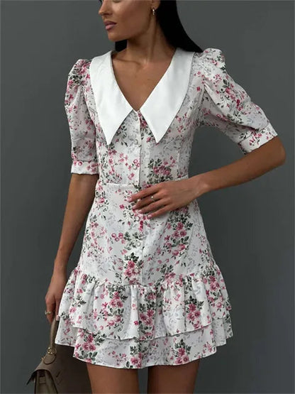 Printed Ruffled V-Neck Mini Dress Female Short Sleeve Fashion Slim High Waist Elegant Party Dress Women’s Summer Dress New
