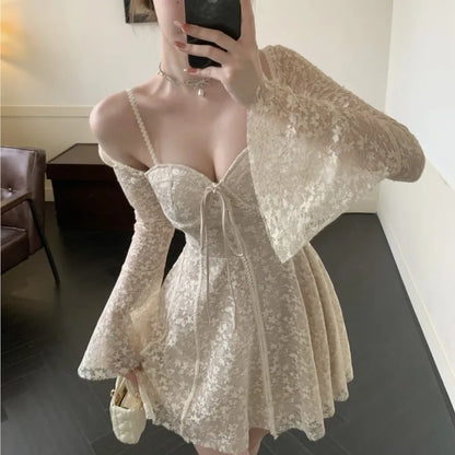 Sexy Lace Mini Dresses for Women Flare Sleeve Square Collar Corset Slim A-line Wedding Birthday Party Dress Y2K Prom Vestidos