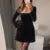 Velvet Square Collar Beading Long Sleeve Dress Women High Waist Slim A-line Party Dresses  Lady Christmas Evening Gowns New