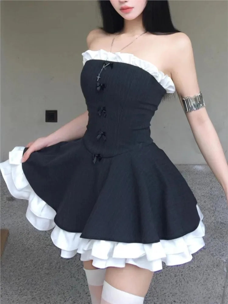 Y2K Birthday Party Dress Strapless Patchwork Ruffles A-line Short Dresses for Women French Ball Gown One Piece Vestido Mujer