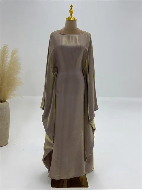 Autumn Loose Shiny Maxi Dress Women’s Butterfly Batwing Long Sleeve Muslim Clothes Party Dress Solid Female Long Dress New