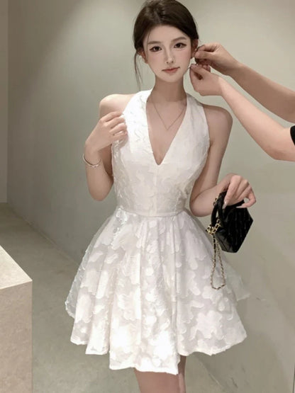 Y2K Halter Backless Short Dresses for Women V-neck Jacquard Sleeveless A-line Birthday Party Dress Prom Mini Vestidos Mujer New