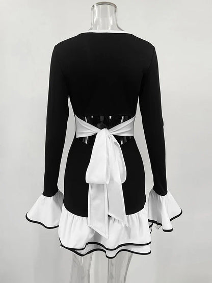 Ruffled Backless Tee Bow Mini Dress Female Slim High Waist Fashion Elegant Party Dress Commute Clothes Autumn Dress