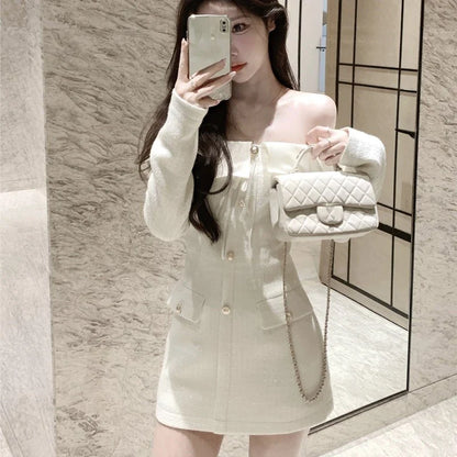 Elegant Tweed Slash Neck Short Dresses for Women Long Sleeve Slim Waist Birthday Party Dress Korean Fashion Vestidos Mujer