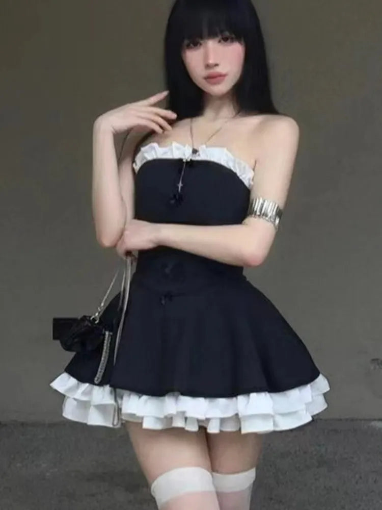 Y2K Birthday Party Dress Strapless Patchwork Ruffles A-line Short Dresses for Women French Ball Gown One Piece Vestido Mujer