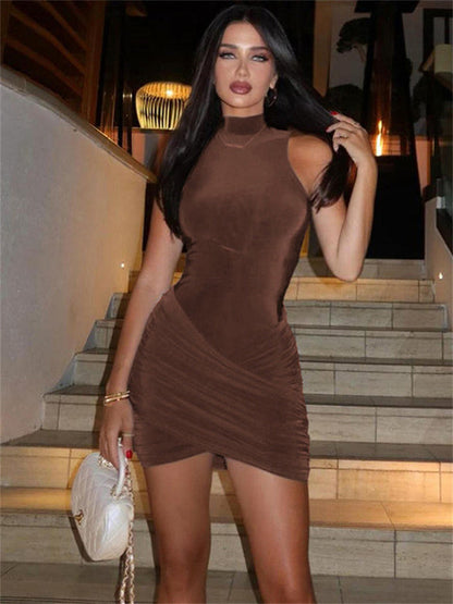 Sexy Sleeveless Patchwork Mini Dress Female Solid Skinny Pleated Fashion High Waist Casual Dress For Women Party Dress New