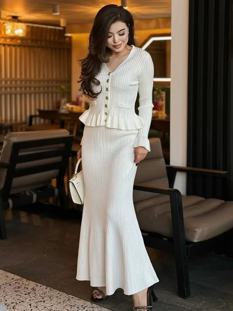Ruffle Slim Knitted Dress Women’s V Neck Long Sleeve Mermaid Long Dresses Elastic Button Patchwork Elegant Party Dress