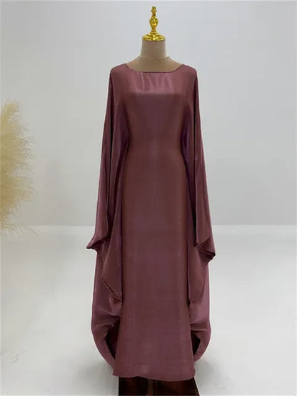Autumn Loose Shiny Maxi Dress Women’s Butterfly Batwing Long Sleeve Muslim Clothes Party Dress Solid Female Long Dress New