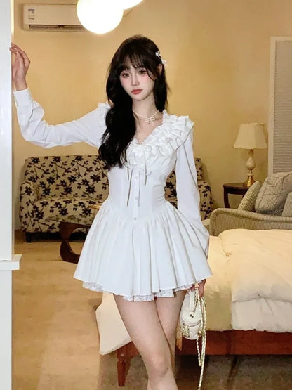 Elegant White Short Dresses for Women Lace Ruffles V-neck A-line Birthday Party Dress Korean Korean Y2K One Piece Mini Vestido