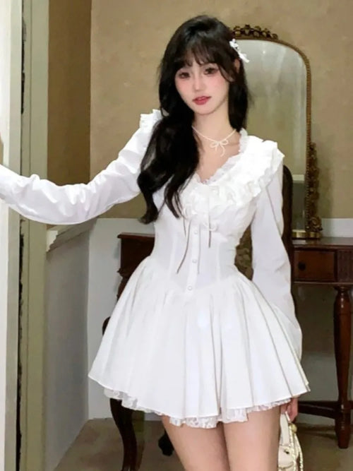 Elegant White Short Dresses for Women Lace Ruffles V-neck A-line Birthday Party Dress Korean Korean Y2K One Piece Mini Vestido