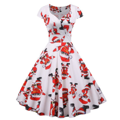 2025 Christmas Festival Dress Up Party Dresses Women Fashion Print Folds V-neck A-line Dress Lady Vintage Commuting Vestidos New