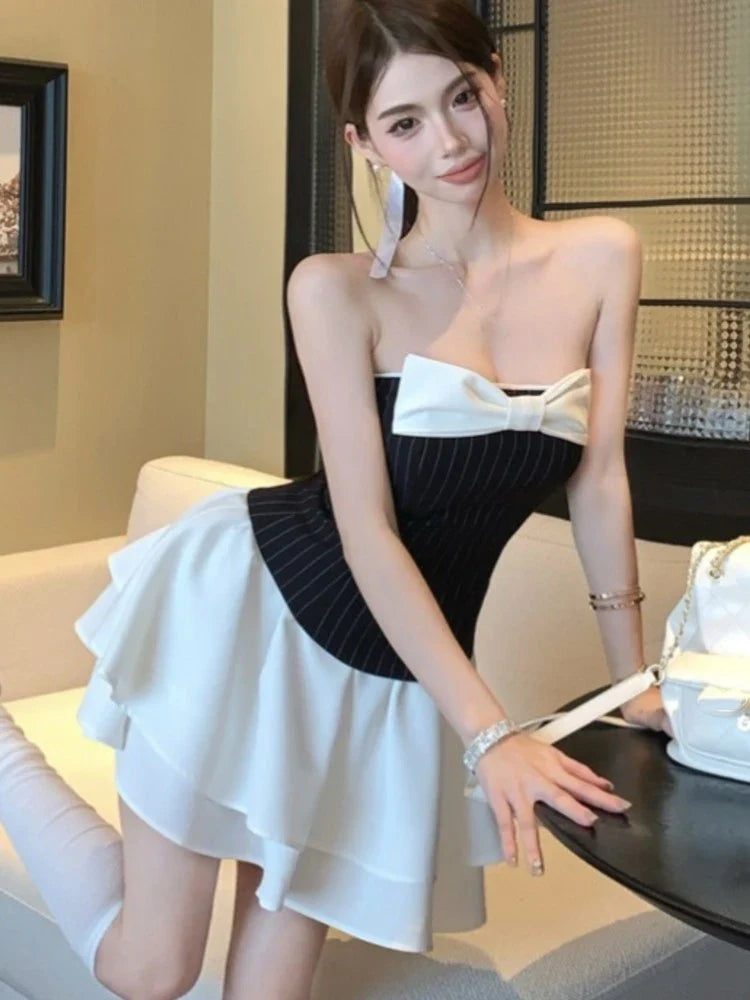 Sexy Striped Patchwork Short Dresses for Women Strapless Layered Ruffles A-line Bow Birthday Party Dress Korean Fashion Vestido