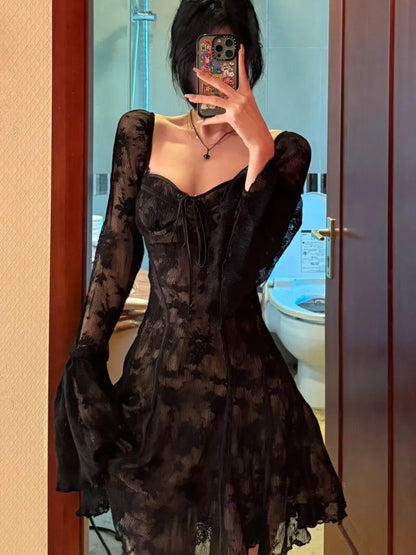 French Sexy Lace Mini Dress Women Y2K Off Shoulder Lace Up Ruffles A-line Autumn Spring Long Sleeve Party Dress Prom Vestidos