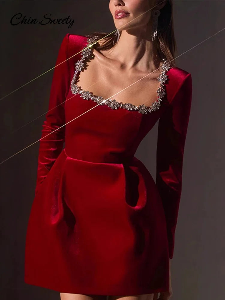 Velvet Square Collar Beading Long Sleeve Dress Women High Waist Slim A-line Party Dresses  Lady Christmas Evening Gowns New