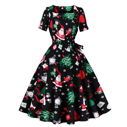 Trend Elegant Christmas Party Dresses Women Print Square Collar Short Sleeves Bowknot Leace-up A-line Dress Female New Vestidos