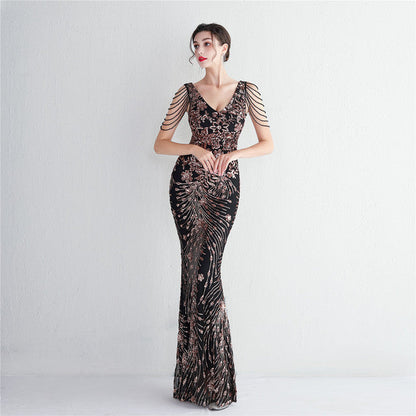 Sexy V-neck Sleeveless Dress with Stones and Crystals Fashion Sequins Tassel Elegant Women Party Dresses High Waisted Long Dress