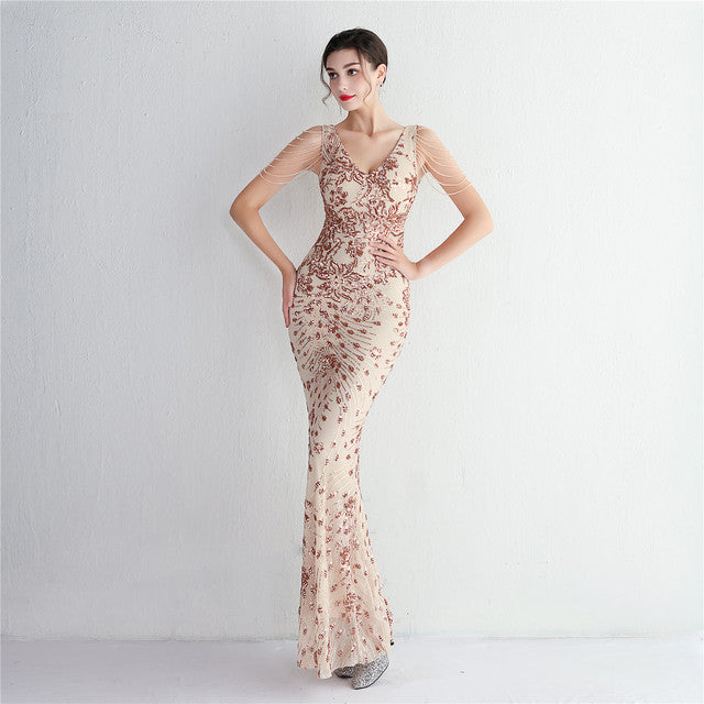 Sexy V-neck Sleeveless Dress with Stones and Crystals Fashion Sequins Tassel Elegant Women Party Dresses High Waisted Long Dress