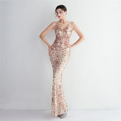 Sexy V-neck Sleeveless Dress with Stones and Crystals Fashion Sequins Tassel Elegant Women Party Dresses High Waisted Long Dress