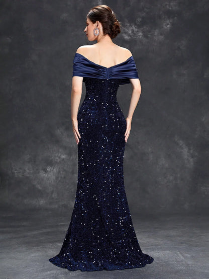 Line neck pleated tint sequin velvet fishtail Dress Evening Gown Ball dress Party dress Bridesmaid dress