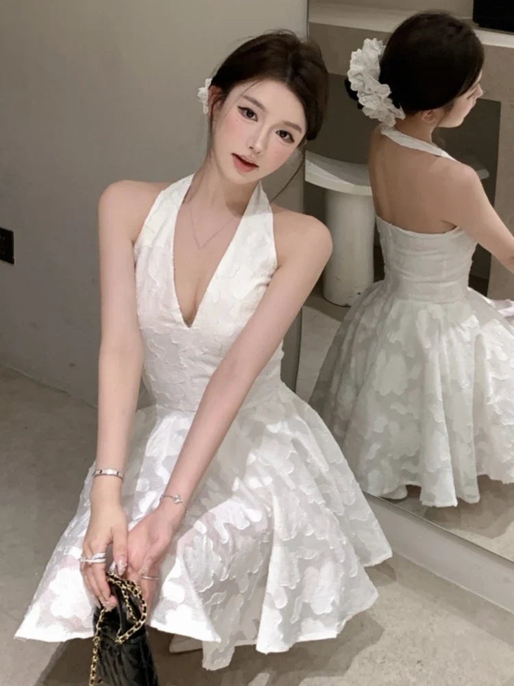 Y2K Halter Backless Short Dresses for Women V-neck Jacquard Sleeveless A-line Birthday Party Dress Prom Mini Vestidos Mujer New