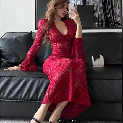Sexy Bodycon Lace Long Dresses for Women V-neck Flare Sleeves Slim Mermaid Evening Party Dress Club Prom Robe Ladies Vestidos