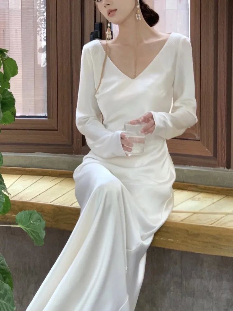 Autumn Satin Long Dresses for Women Wedding Evening Party Dress Prom Robe Solid V-neck Long Sleeves Mermaid One Piece Vestido