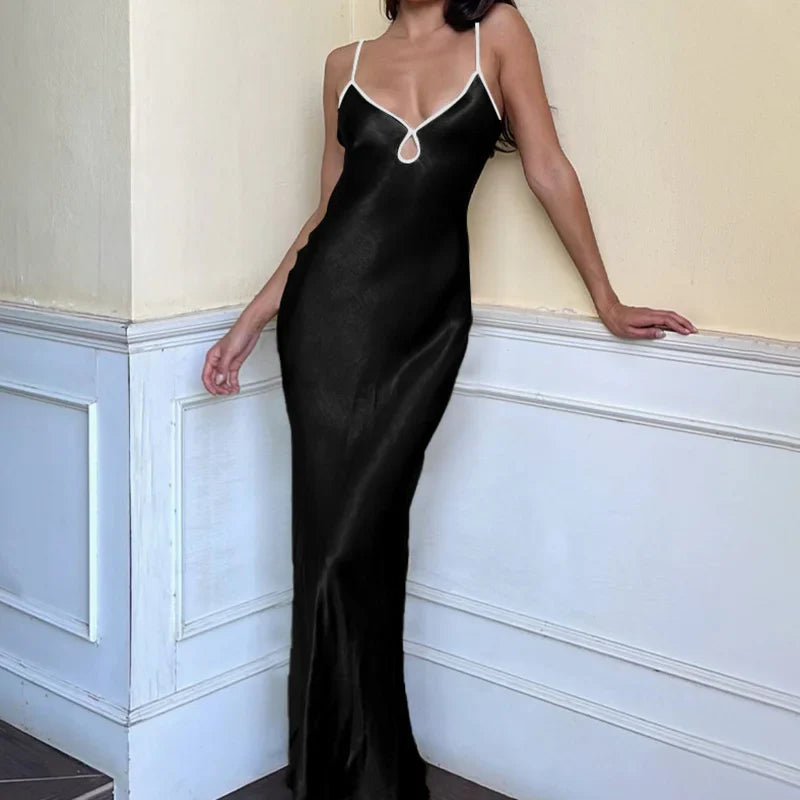 Sexy Dress Women y2k Clothes Contrast Color V Neck Spaghetti Strap Sleeveless Bodycon Long Dress Evening Party Dresses
