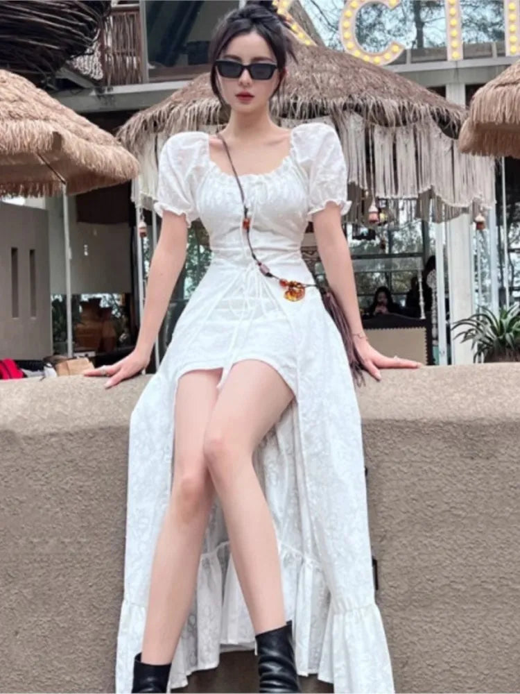 Y2K Long Dresses for Women Puff Sleeve Lace-up A-line Off Shoulder Club Party Dress Summer New Korean Chic One Piece Vestido