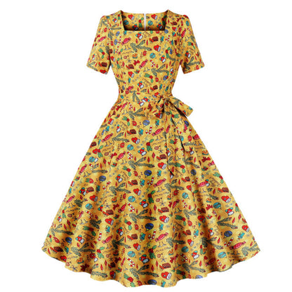 Trend Elegant Christmas Party Dresses Women Print Square Collar Short Sleeves Bowknot Leace-up A-line Dress Female New Vestidos