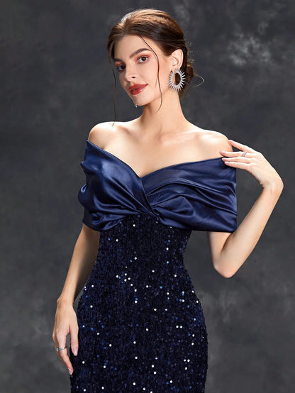 Line neck pleated tint sequin velvet fishtail Dress Evening Gown Ball dress Party dress Bridesmaid dress
