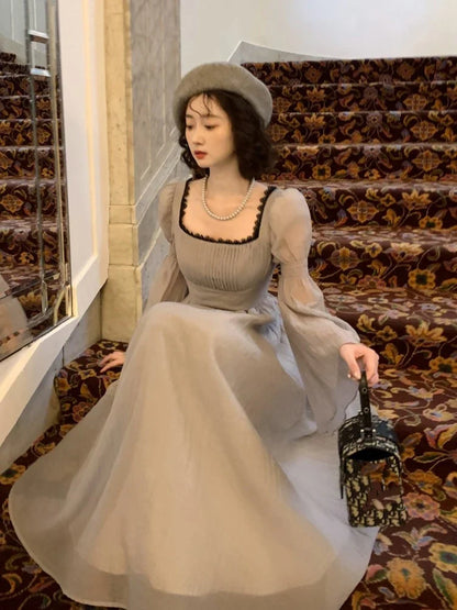 Autumn Princess Midi Dresses for Women Square Collar Flare Sleeve A-line Party Dress Slim Waist Korean One Piece Vestidos New