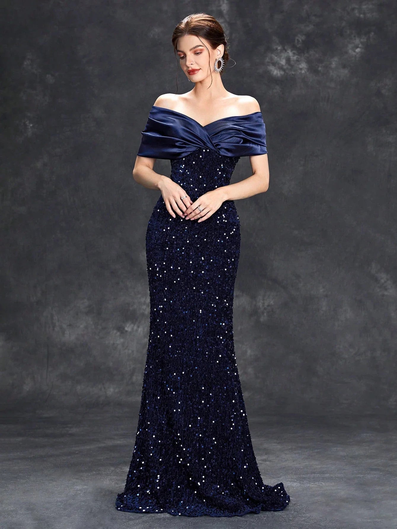 Line neck pleated tint sequin velvet fishtail Dress Evening Gown Ball dress Party dress Bridesmaid dress