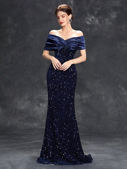 Line neck pleated tint sequin velvet fishtail Dress Evening Gown Ball dress Party dress Bridesmaid dress