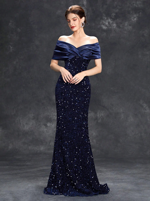 Line neck pleated tint sequin velvet fishtail Dress Evening Gown Ball dress Party dress Bridesmaid dress