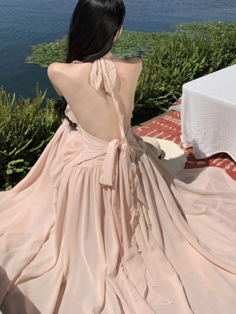 Summer New Ruffles A-line Long Dresses for Women Halter Backless Holiday Seaside Party Dress Korean Fashion One Piece Vestido