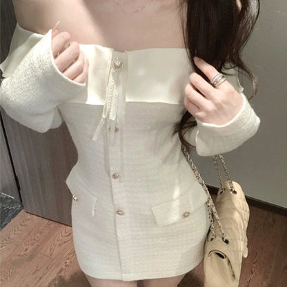 Elegant Tweed Slash Neck Short Dresses for Women Long Sleeve Slim Waist Birthday Party Dress Korean Fashion Vestidos Mujer
