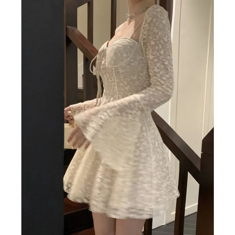 Sexy Lace Mini Dresses for Women Flare Sleeve Square Collar Corset Slim A-line Wedding Birthday Party Dress Y2K Prom Vestidos