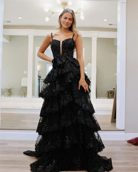 Glitter Black Layered Prom Dress
