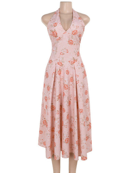 Sexy Print Deep V-neck Sleeveless Backless Neck-mounted Dress Women Slim High Waist Birthday Party Dress Femme Outfits