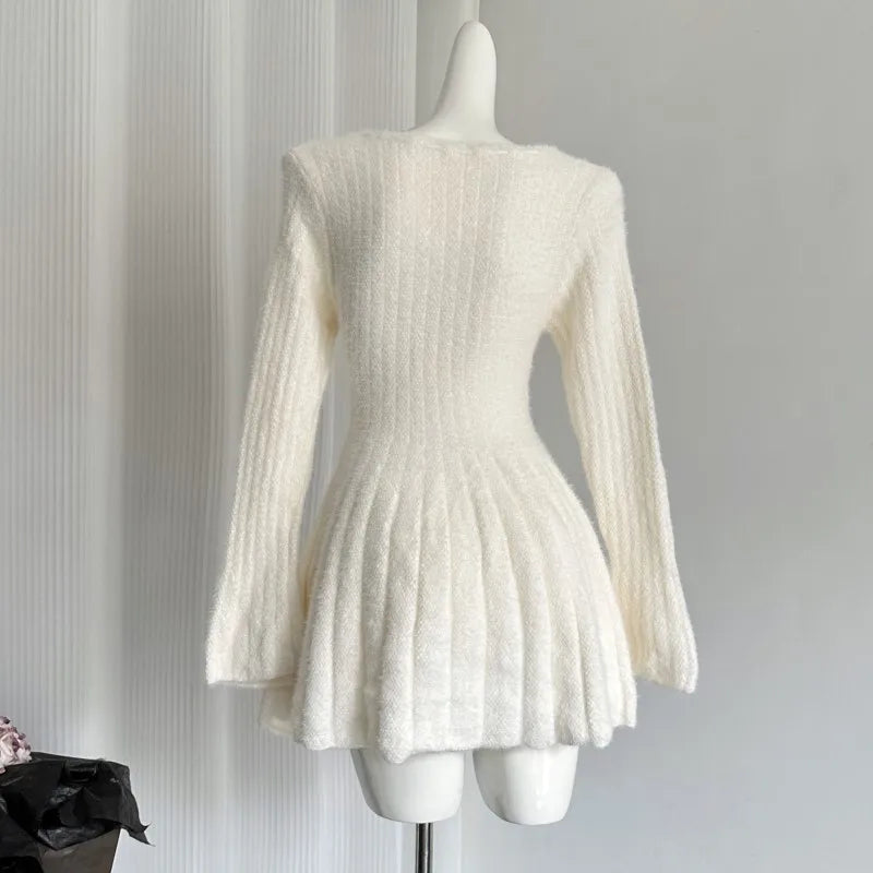 Sexy Solid Autumn Winter Elegant Knitted Dresses for Woman Y2K Harajuku Slim Sweater Dress New Korean Chic Mini Party Dress