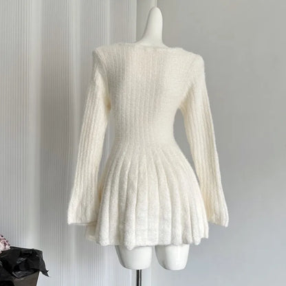 Sexy Solid Autumn Winter Elegant Knitted Dresses for Woman Y2K Harajuku Slim Sweater Dress New Korean Chic Mini Party Dress