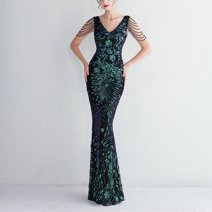 Sexy V-neck Sleeveless Dress with Stones and Crystals Fashion Sequins Tassel Elegant Women Party Dresses High Waisted Long Dress