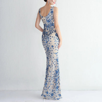 Sexy V-neck Sleeveless Dress with Stones and Crystals Fashion Sequins Tassel Elegant Women Party Dresses High Waisted Long Dress