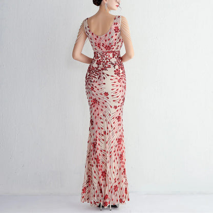 Sexy V-neck Sleeveless Dress with Stones and Crystals Fashion Sequins Tassel Elegant Women Party Dresses High Waisted Long Dress