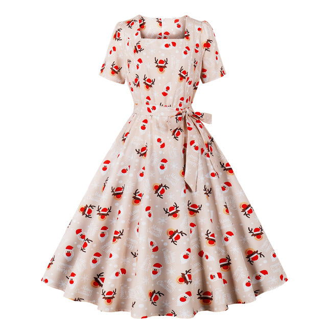 Trend Elegant Christmas Party Dresses Women Print Square Collar Short Sleeves Bowknot Leace-up A-line Dress Female New Vestidos