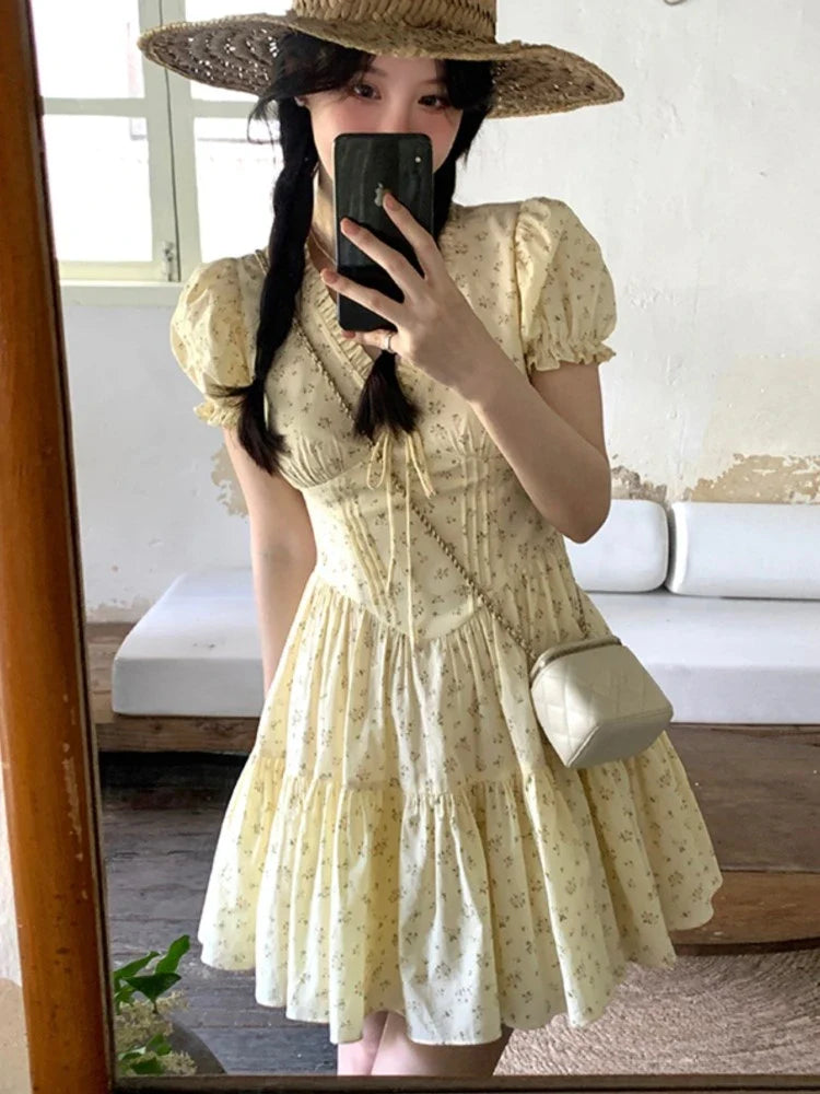 French Floral Printed Short Dresses for Women Y2K V-neck High Waist Birthday Party Dress Korean Chic Prom A-line Summer Vestidos